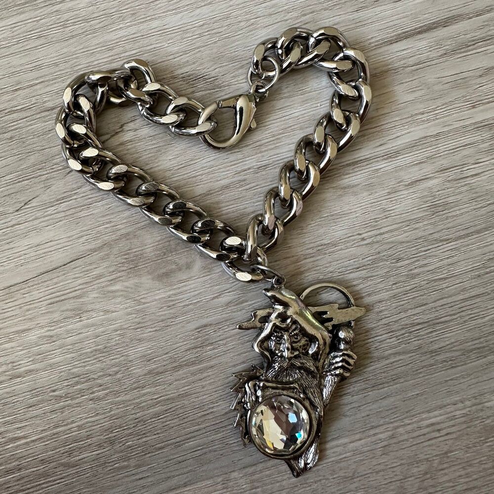Vintage 1990 BrassHead Chunky Silver Tone Chain with Wizard Rhinestone Charm